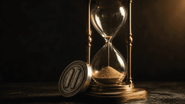 Fast durchgelaufene Sanduhr aus Messing und Glas, daran gelehnt eine schwere Metallmünze mit eingeprägtem Symbol