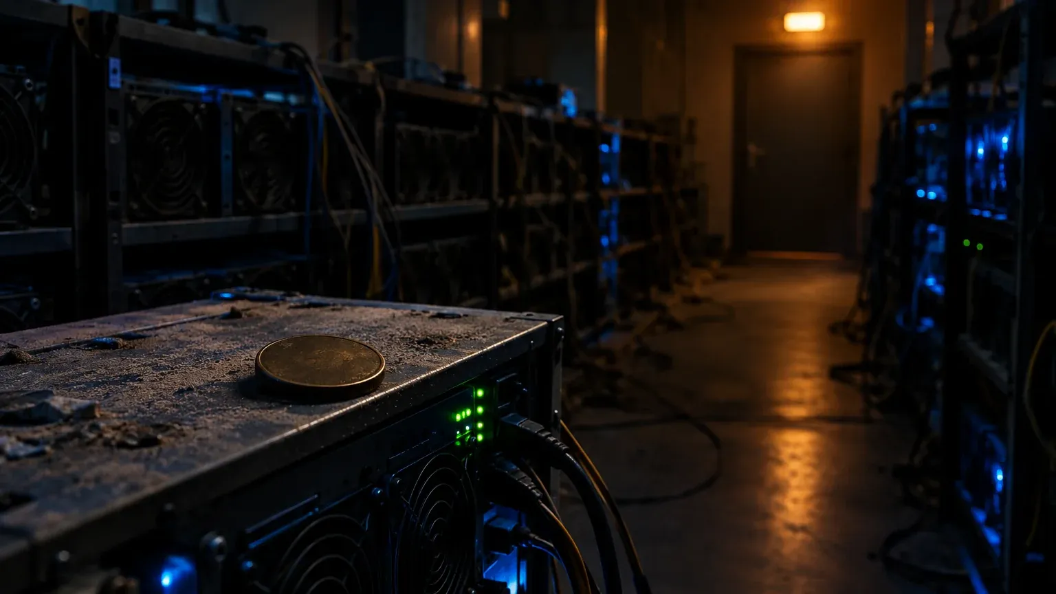 A single bronze coin on a running mining rig in a dim, largely powered-down server room