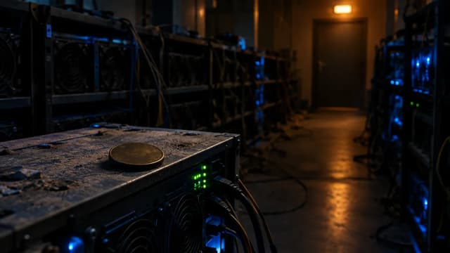 A single bronze coin on a running mining rig in a dim, largely powered-down server room