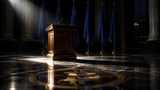 Rednerpult aus dunklem Holz allein in einem monumentalen Saal bei Nacht, dahinter eine Reihe schlichter einfarbiger Fahnen, im Marmorboden ein eingelassenes Bitcoin-Zeichen aus Messing