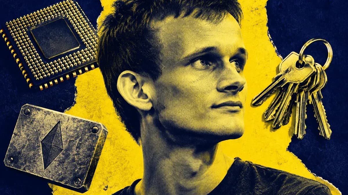 Duotone-Collage in Indigo und Gelb: Vitalik Buterin im Halbprofil, daneben schweben ein Mikrochip, ein Schlüsselbund und eine gravierte Metallplatte mit Rautensymbol.