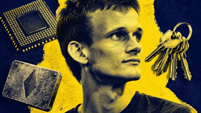Duotone-Collage in Indigo und Gelb: Vitalik Buterin im Halbprofil, daneben schweben ein Mikrochip, ein Schlüsselbund und eine gravierte Metallplatte mit Rautensymbol.