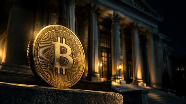 Naechtliches Steinportal mit hohen Saeulen, davor auf einer Bruestung eine grosse Goldmuenze mit eingepraegtem Bitcoin-Zeichen