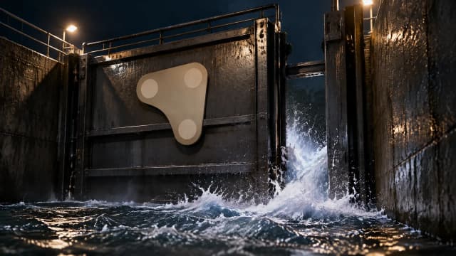 Geöffnetes Schleusentor in einem nächtlichen Kanal, Wasser schießt durch den Spalt, in der Torplatte das KITE-Zeichen