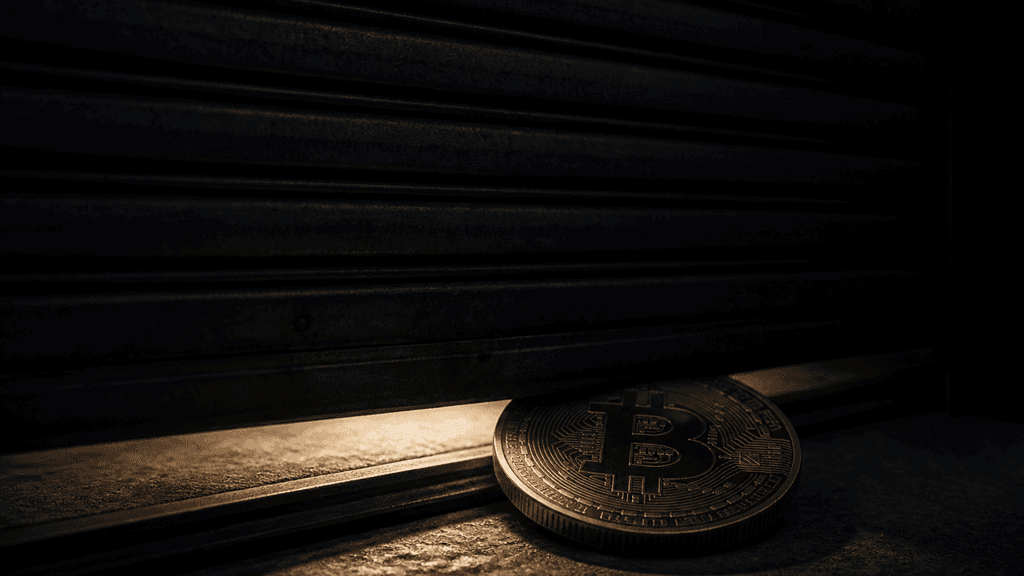 Ein fast vollständig herabgelassenes Stahlrolltor lässt nur noch einen handbreiten Lichtspalt frei, auf der Schwelle liegt eine schwere Metallmünze mit eingeprägtem Bitcoin-Zeichen