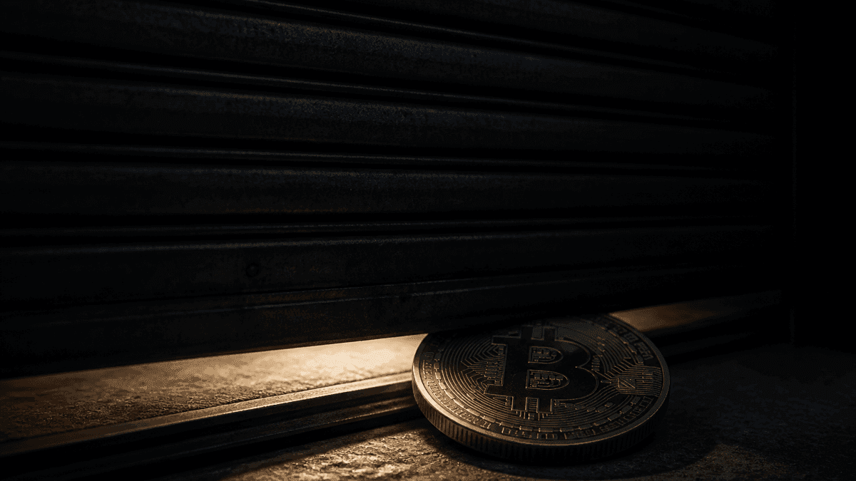 Ein fast vollständig herabgelassenes Stahlrolltor lässt nur noch einen handbreiten Lichtspalt frei, auf der Schwelle liegt eine schwere Metallmünze mit eingeprägtem Bitcoin-Zeichen