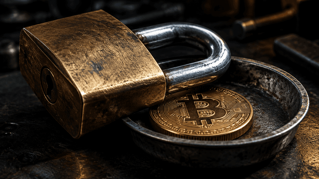 Schweres Messing-Vorhaengeschloss quer ueber einer Metallschale mit einer Muenze, die ein Bitcoin-Zeichen traegt