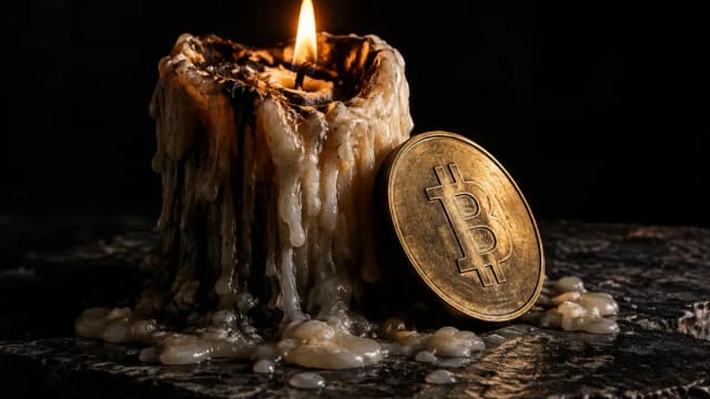 Fast vollständig heruntergebrannte Wachskerze mit kleiner Flamme auf dunkler Steinplatte, daneben eine Münze mit eingeprägtem Bitcoin-Zeichen