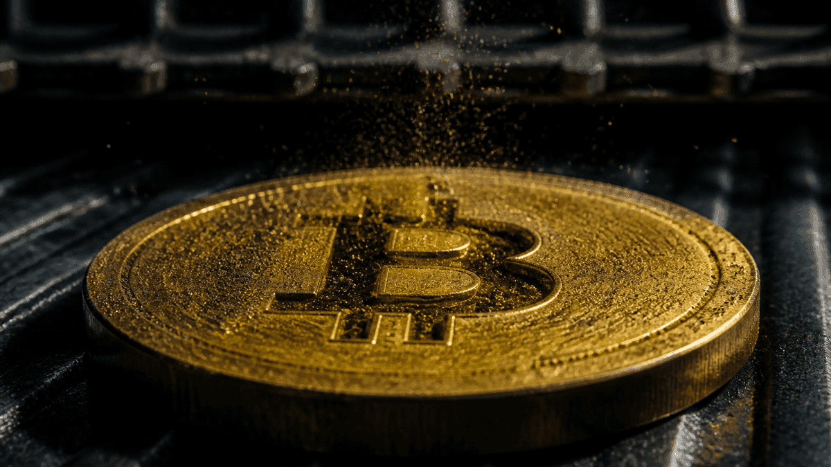 Une fine poussière métallique se dépose sur une lourde pièce d’or frappée du symbole du bitcoin, tandis qu’une grille d’acier descend en arrière-plan
