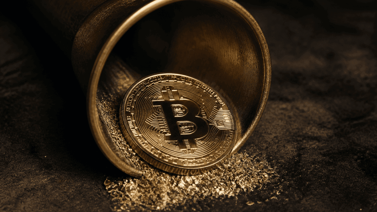 Una moneda maciza con el símbolo de Bitcoin grabado cae por un embudo de latón, con finas virutas metálicas depositadas en su salida