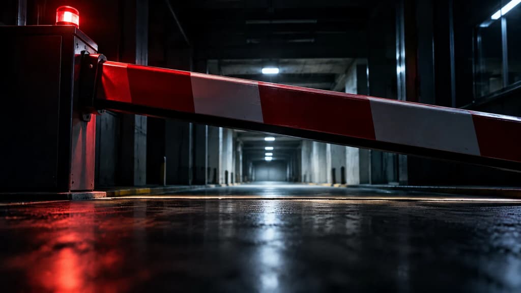 Sich senkende Schranke in einer leeren nächtlichen Abfertigungshalle, der Spalt darunter ist nur noch handbreit