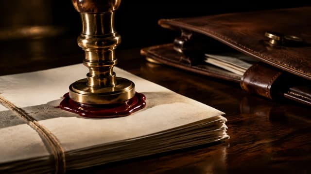 Schwerer Messing-Siegelstempel presst rotes Siegelwachs auf ein unbeschriebenes Papierbündel auf einer dunklen Nussholzplatte