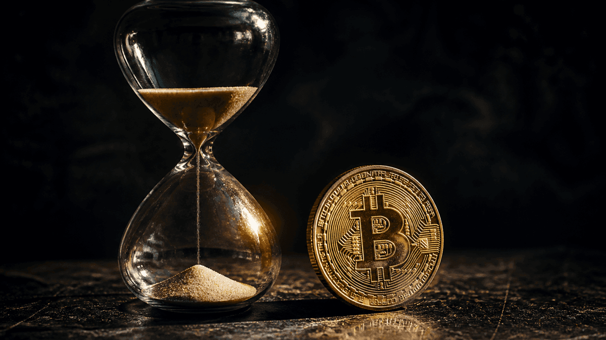 Fast durchgelaufene Sanduhr neben einer aufrecht stehenden Goldmünze mit eingeprägtem Bitcoin-Zeichen auf dunkler Metallfläche