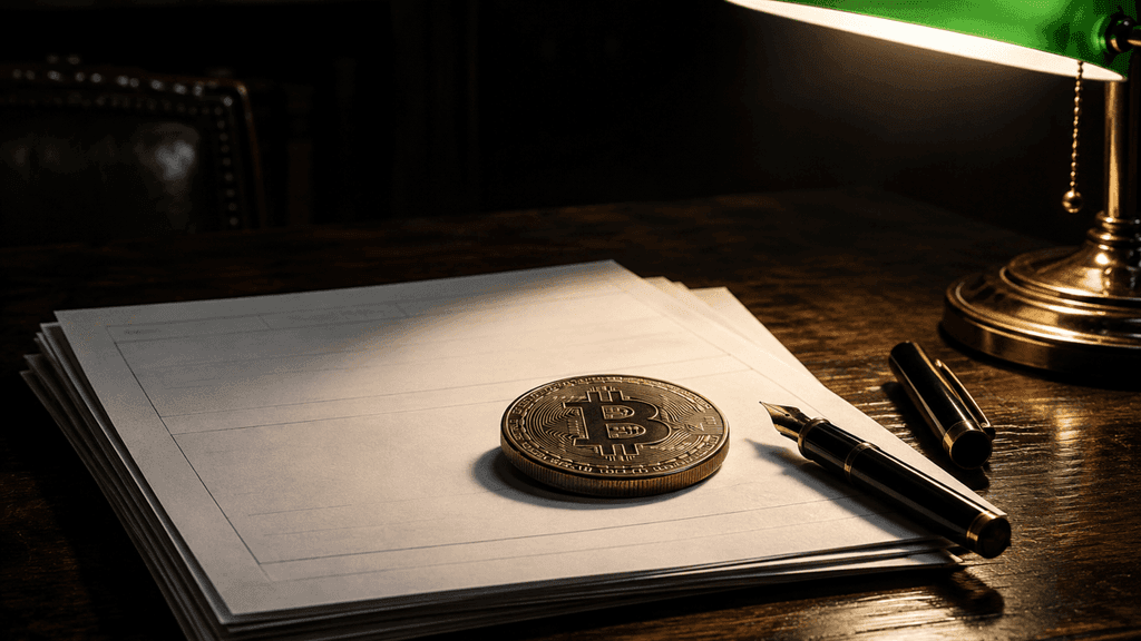 Unbedruckte Formularbogen auf dunklem Holztisch, darauf eine schwere Metallmünze mit eingeprägtem Bitcoin-Zeichen, daneben Füllfederhalter und Bankierslampe