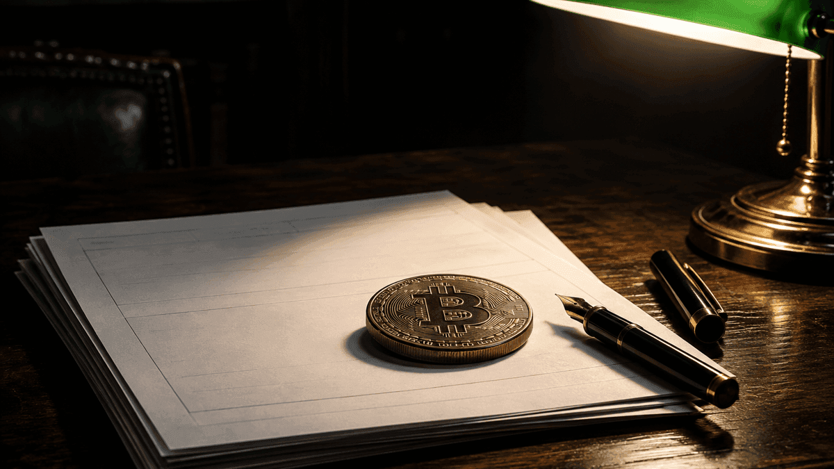 Unbedruckte Formularbogen auf dunklem Holztisch, darauf eine schwere Metallmünze mit eingeprägtem Bitcoin-Zeichen, daneben Füllfederhalter und Bankierslampe
