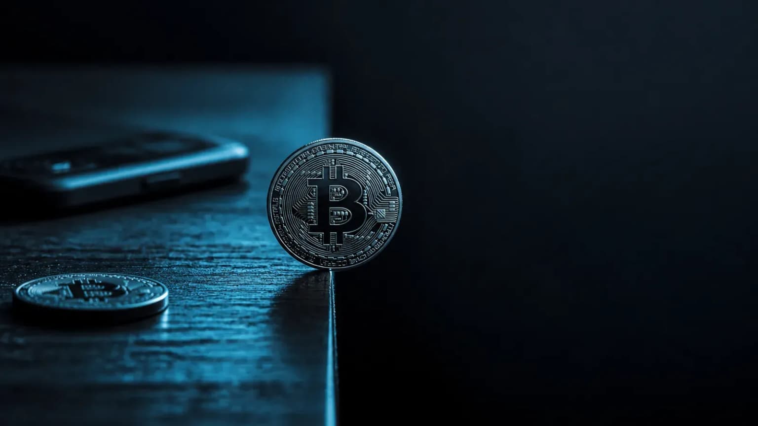 Eine Bitcoin-Münze kippt über die Tischkante, eine zweite liegt sicher – Sinnbild für Krypto an die falsche Adresse gesendet