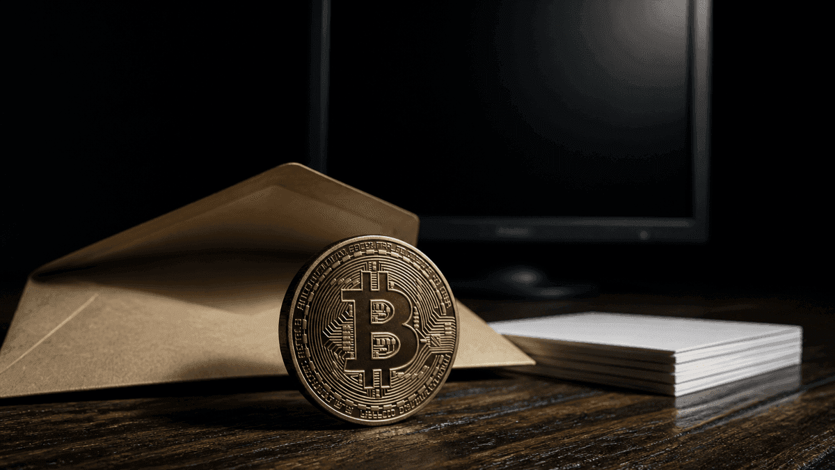 Goldene Bitcoin-Münze vor einem geöffneten Briefumschlag und einem Stapel unbeschriebener Blätter auf dunklem Holztisch, dahinter ein ausgeschalteter Monitor
