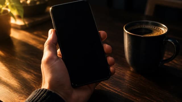 Smartphone mit dunklem Display in einer Hand über einem Holztisch mit Kaffeetasse