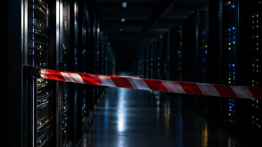 Rot-weisses Absperrband quer durch eine nachtdunkle Serverhalle, nur der vordere Gang ist abgesperrt, die Gestellreihen dahinter laufen unabgesichert weiter