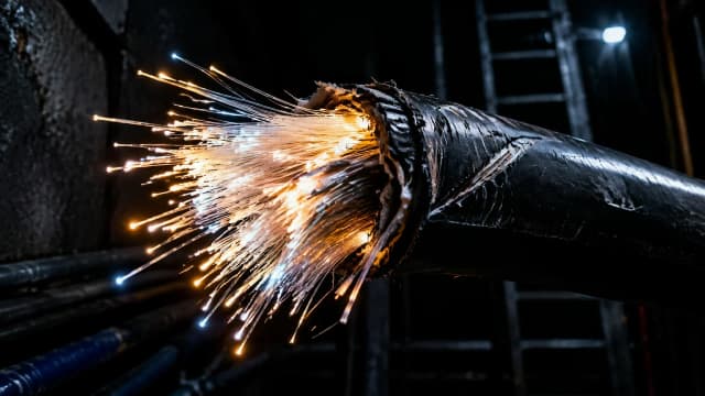 Durchtrenntes Glasfaserbündel in einem dunklen Technikschacht, die freiliegenden Faserenden glühen auf