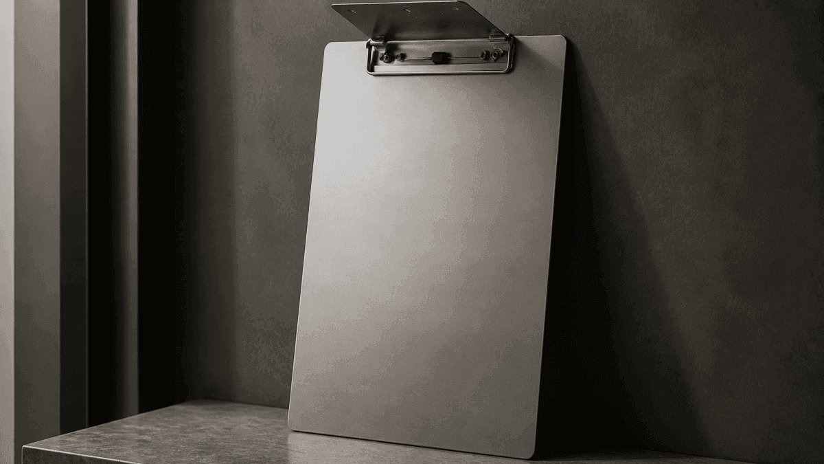 Leeres Klemmbrett aus mattem Metall mit geoeffneter Federklemme, aufrecht an eine dunkle Wand gelehnt