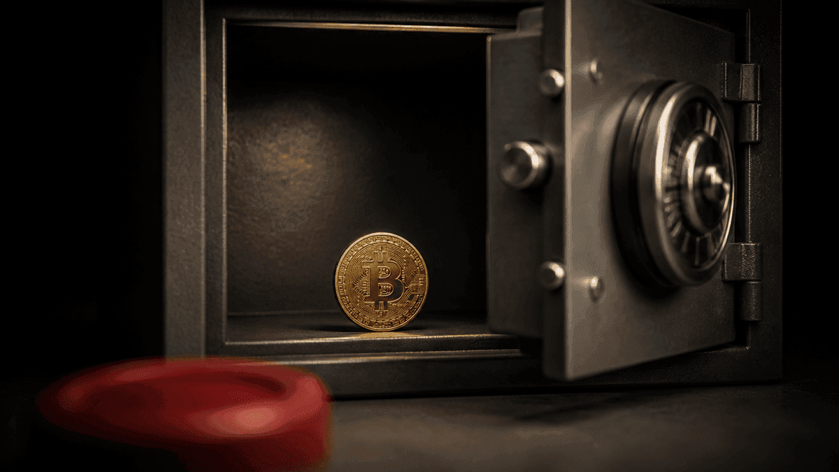 Offenes Stahl-Tresorfach einer Bank, innen leer bis auf eine einzelne Münze mit eingeprägtem Bitcoin-Zeichen