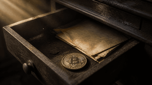Halb geöffnete verstaubte Schreibtischschublade mit einer Münze mit Bitcoin-Zeichen und vergilbten leeren Papierbogen