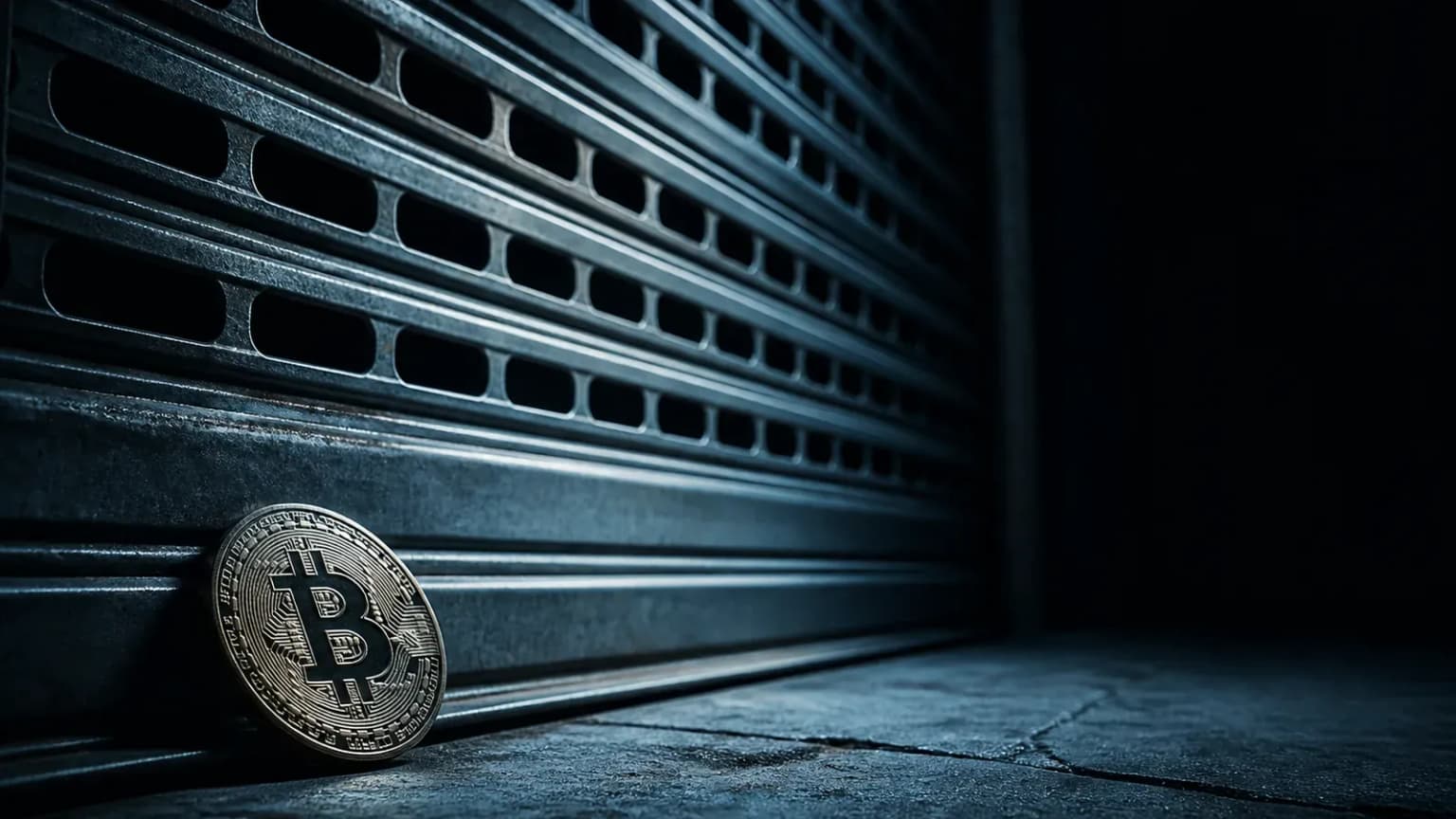 Bitcoin-Münze vor einem geschlossenen Metallrollladen – Sinnbild für ein Konto gesperrt bei der Krypto-Börse