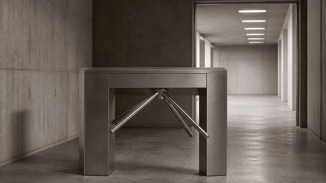 Eine schwere Drehsperre aus mattem Stahl in einer Betonhalle, die Sperrarme halb gedreht und blockiert, dahinter ein offener Durchgang