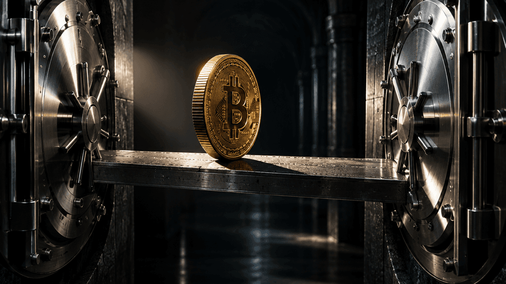 Zwei massive Tresortüren in einem dunklen Stahlgewölbe, dazwischen eine schmale Metallbrücke, über die eine schwere Münze mit Bitcoin-Zeichen rollt