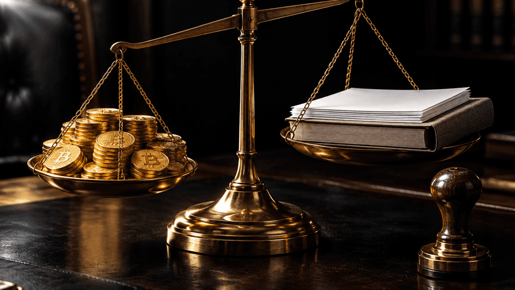 Messing-Balkenwaage auf dunkler Schreibtischplatte, links gestapelte Goldmünzen mit Bitcoin-Prägung, rechts unbeschriebene Aktenbogen