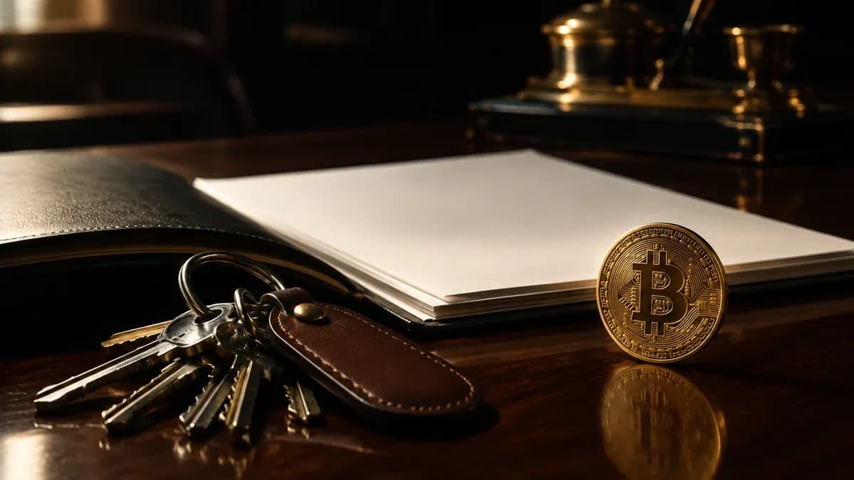A dark wooden notary's desk with a bunch of house keys, an empty file folder and a coin stamped with the Bitcoin symbol standing upright