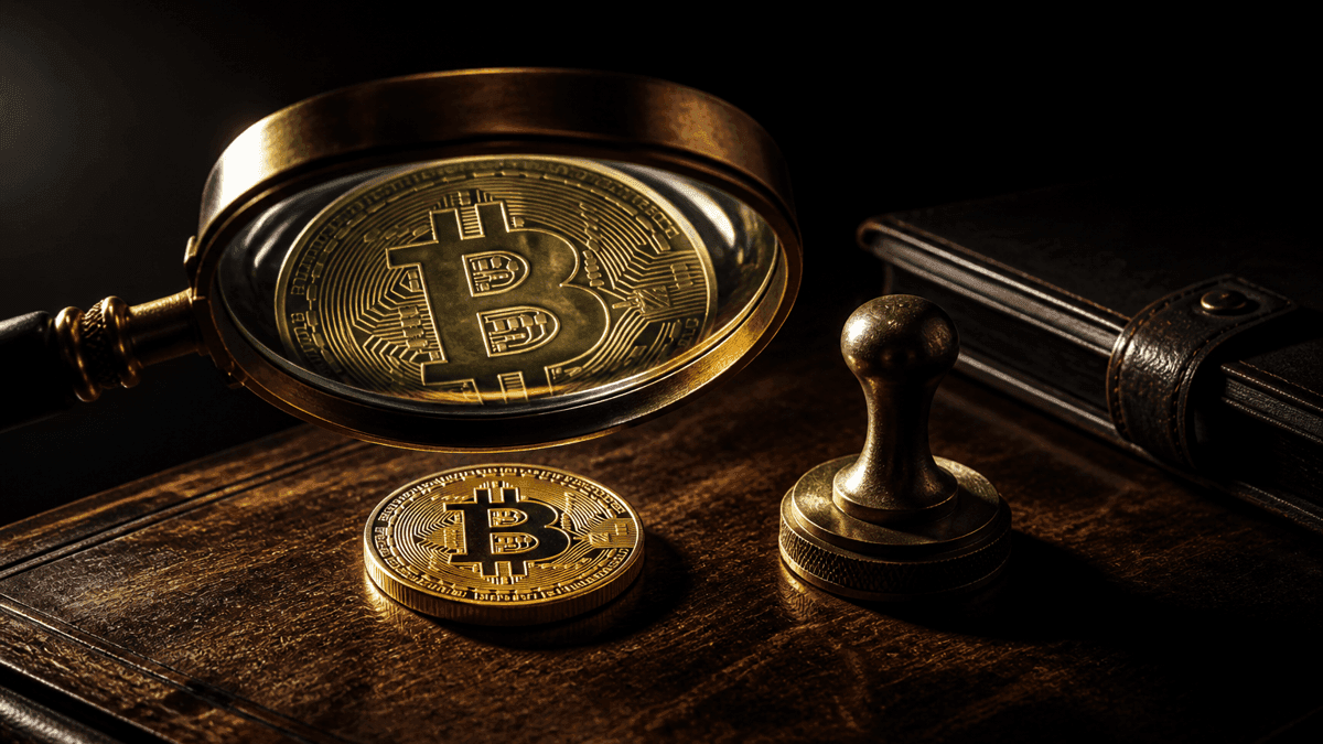 Goldmünze mit Bitcoin-Zeichen unter einer großen Messinglupe auf einem dunklen Prüfpult, daneben Stempel und Aktenmappe