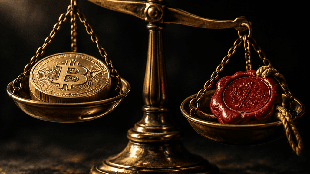 Antike Messing-Balkenwaage, auf der einen Schale eine Münze mit eingeprägtem Bitcoin-Zeichen, auf der anderen ein rotes Wachssiegel