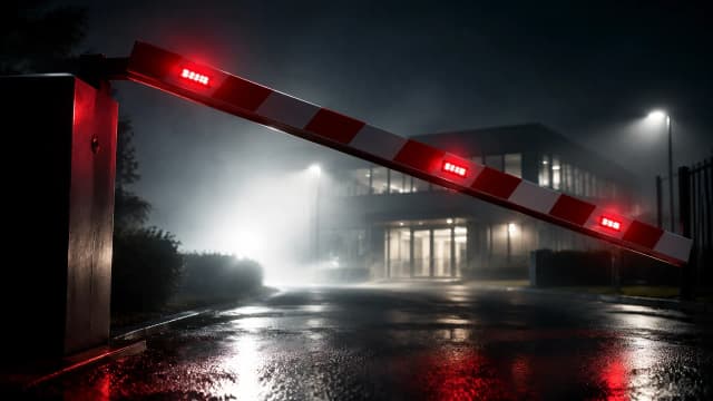 Eine schwere Schranke senkt sich im Gegenlicht über eine leere nächtliche Zufahrt vor einem Verwaltungsgebäude