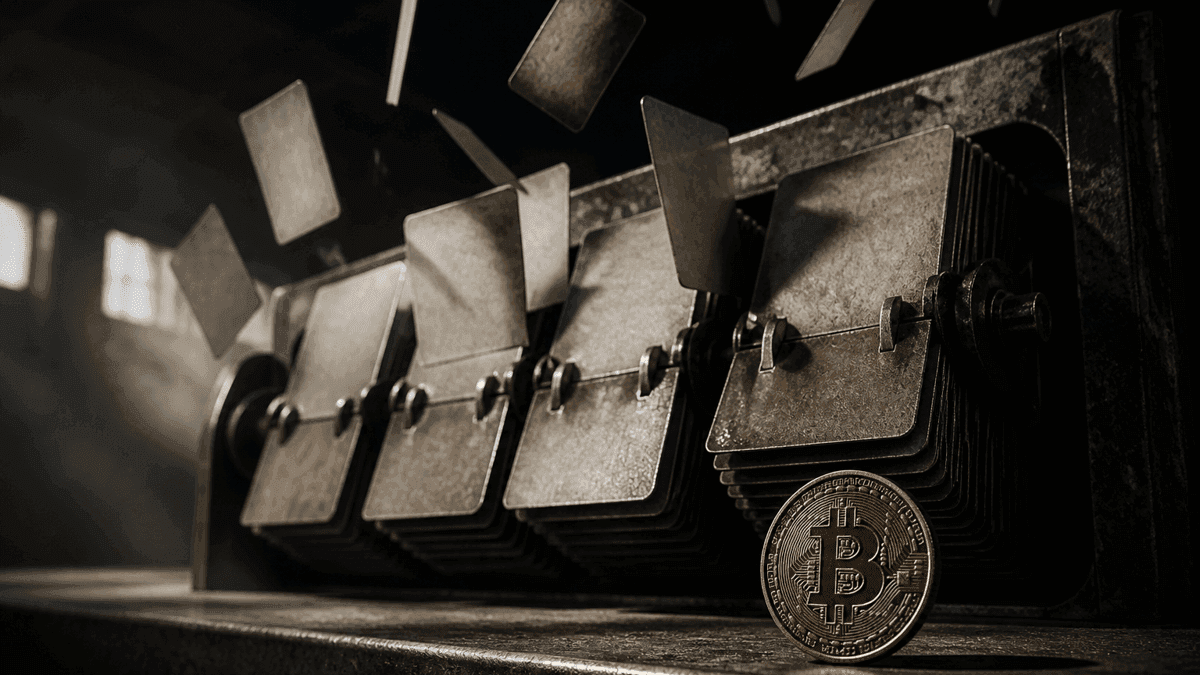 Mechanische Fallblattanzeige aus dunklem Metall mit vollkommen leeren Blaettern mitten im Umklappen, davor auf einem Sims eine dicke Muenze mit eingepraegtem Bitcoin-Zeichen im Streiflicht