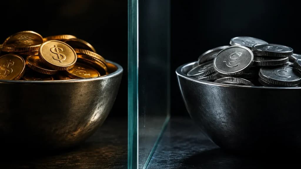 Zwei getrennte Metallschalen mit Münzstapeln, zwischen ihnen eine dicke Glastrennwand