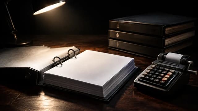 Aufgeschlagener Aktenordner mit leeren Seiten und ein mechanischer Tischrechner auf dunkler Holzplatte im harten Seitenlicht