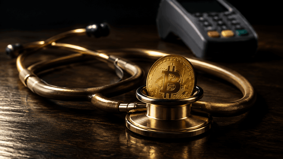 Messingfarbenes Stethoskop auf dunklem Holztisch, dessen Bruststück-Ring eine aufrecht stehende Goldmünze mit Bitcoin-Prägung umschließt
