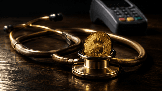 Messingfarbenes Stethoskop auf dunklem Holztisch, dessen Bruststück-Ring eine aufrecht stehende Goldmünze mit Bitcoin-Prägung umschließt