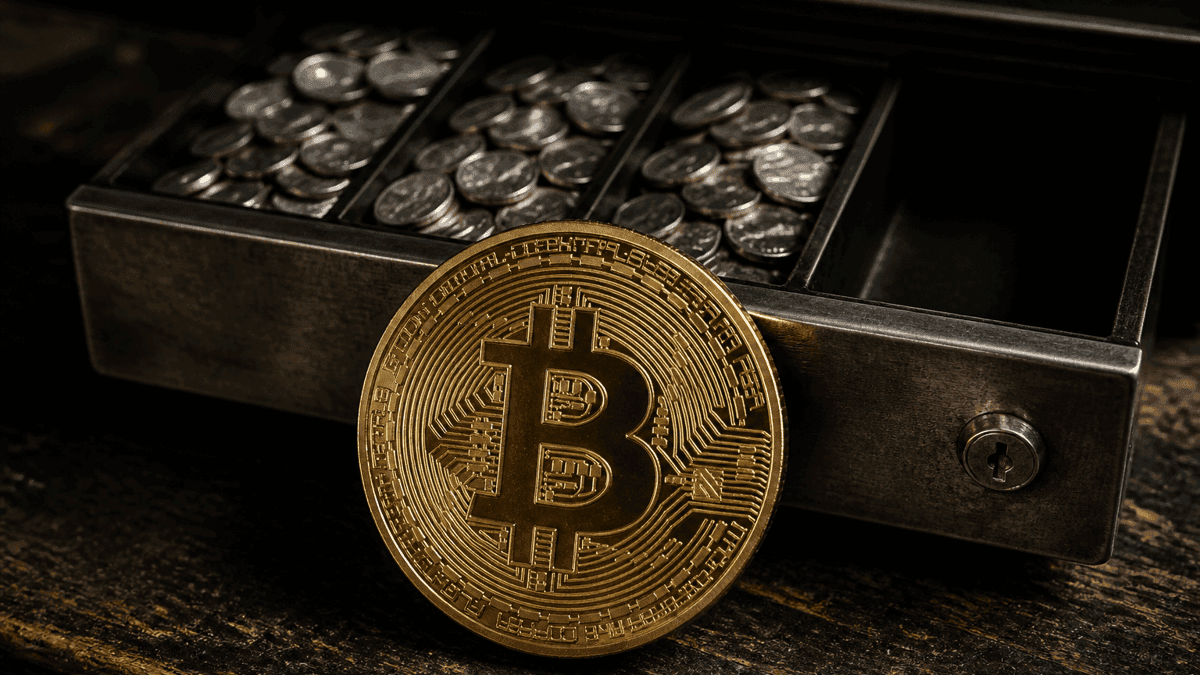 Halb herausgezogene Stahl-Kassenlade auf dunklem Holztresen, drei von vier Fächern mit Silbermünzen gefüllt, das vierte leer, davor eine Goldmünze mit Bitcoin-Zeichen