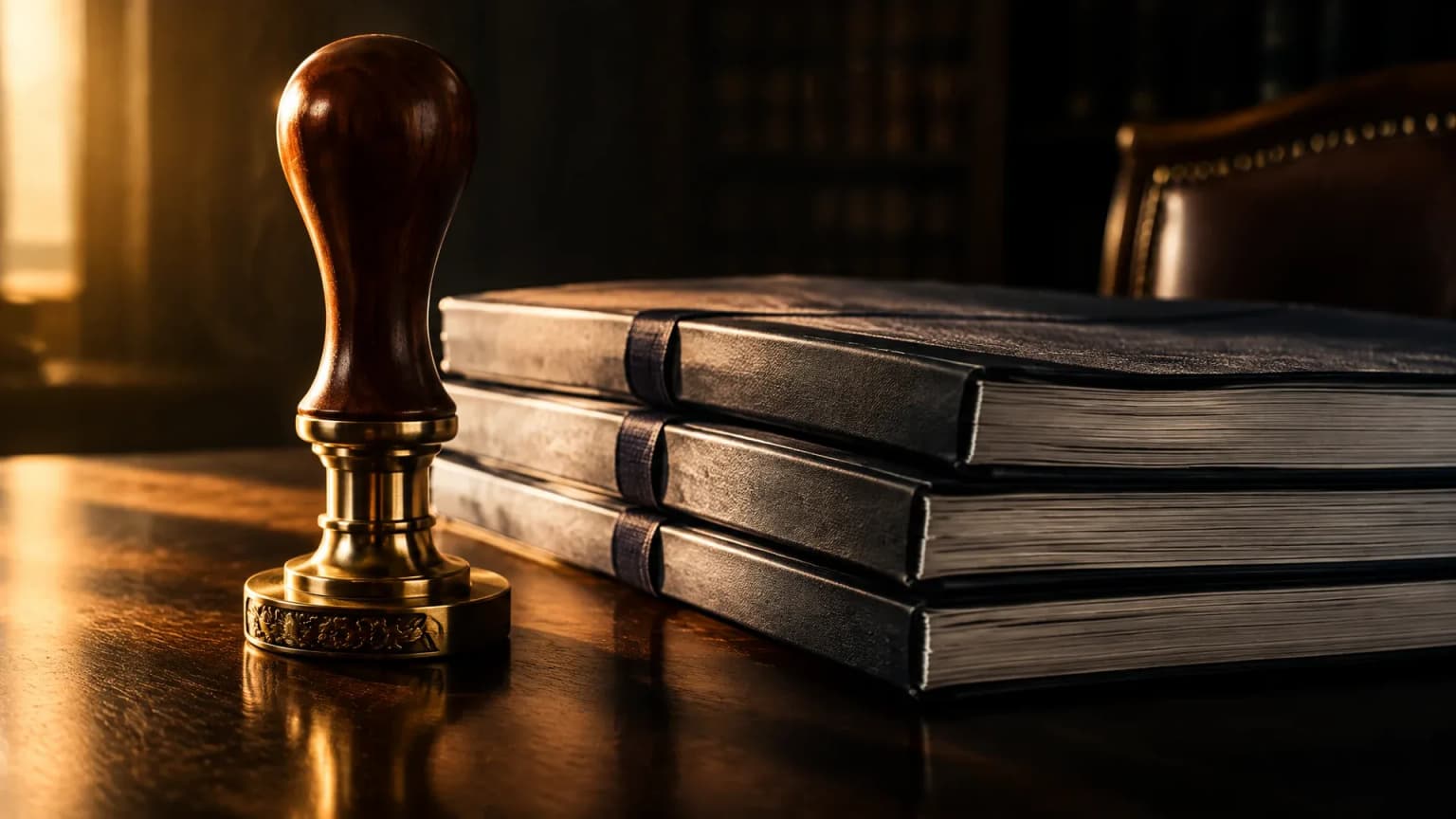Siegelpresse und ein Stapel gebundener Gesellschaftsunterlagen auf einem dunklen Notariatstisch im Seitenlicht
