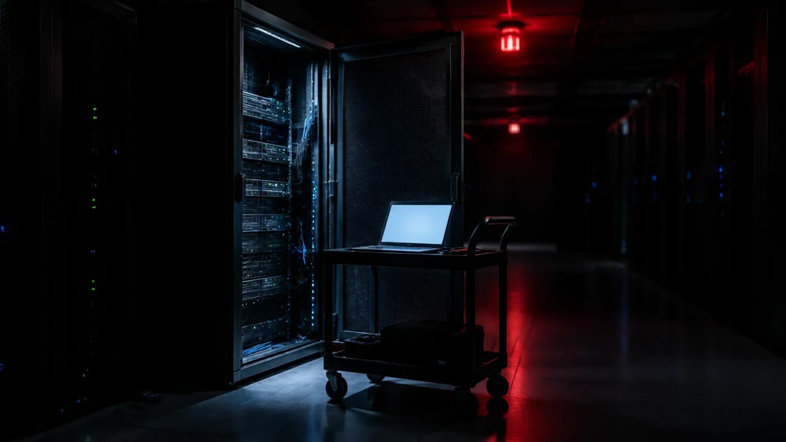 Geöffneter Serverschrank in einem dunklen Rechenzentrum, davor ein Rollwagen mit aufgeklapptem Notebook und ein rotes Warnlicht an der Decke