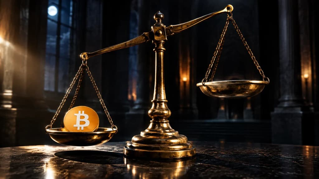 Alte Messing-Balkenwaage auf einem dunklen Steintisch in einem leeren Amtssaal, in der linken Schale eine schwere Münze mit dem Bitcoin-Zeichen, die rechte Schale leer und höher hängend