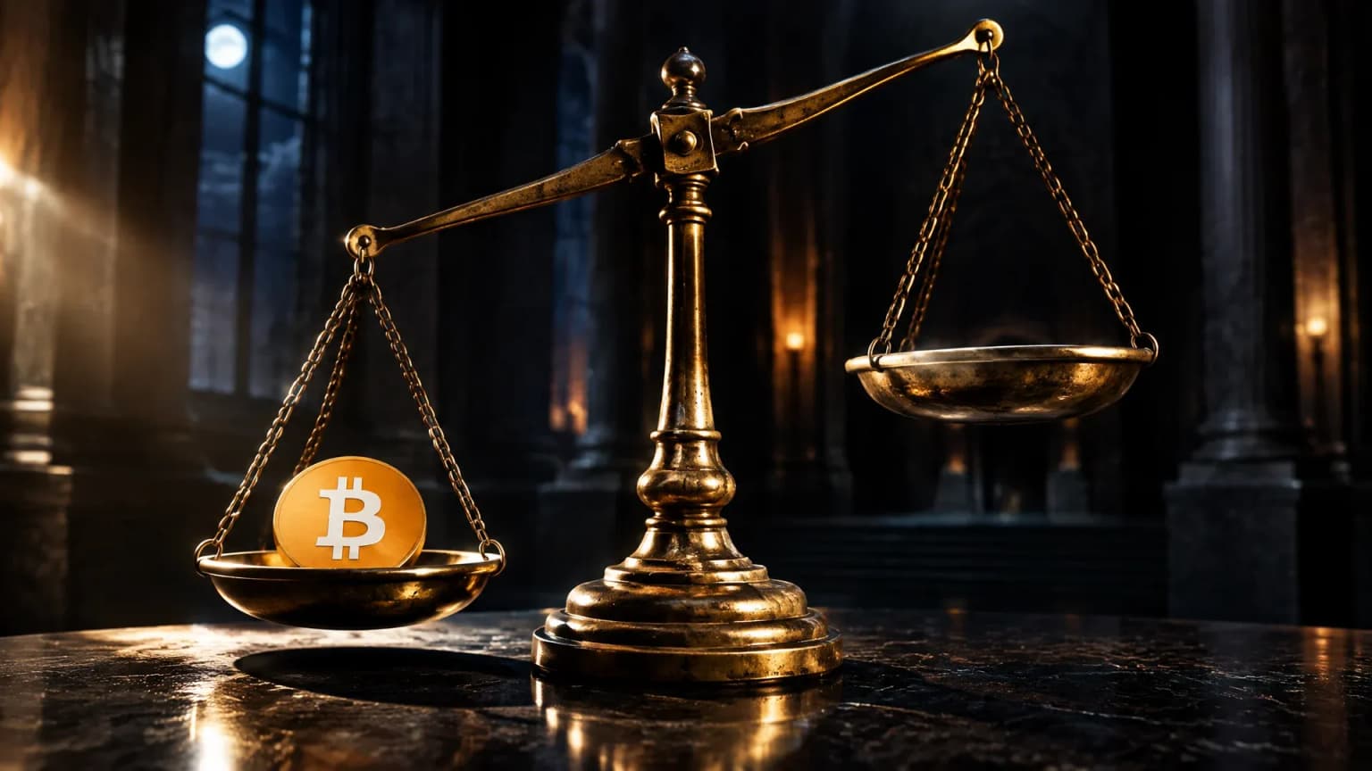 Alte Messing-Balkenwaage auf einem dunklen Steintisch in einem leeren Amtssaal, in der linken Schale eine schwere Münze mit dem Bitcoin-Zeichen, die rechte Schale leer und höher hängend
