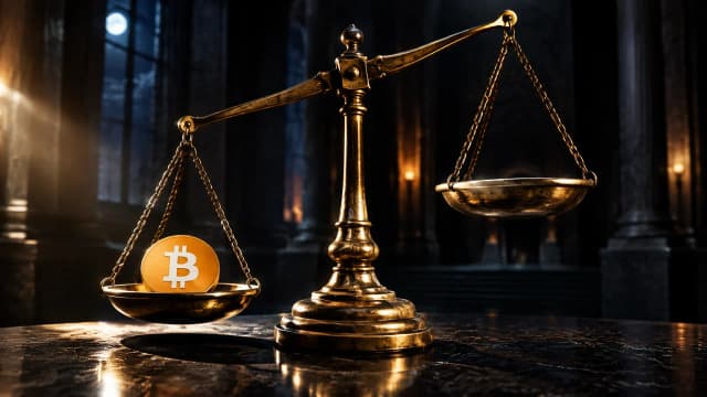 Alte Messing-Balkenwaage auf einem dunklen Steintisch in einem leeren Amtssaal, in der linken Schale eine schwere Münze mit dem Bitcoin-Zeichen, die rechte Schale leer und höher hängend