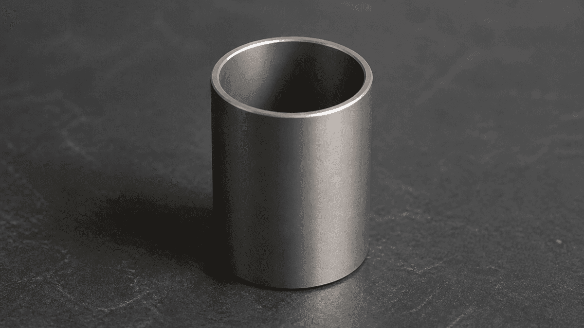 Kurzes offenes Rohrstueck aus mattem Metall, aufrecht auf einer dunklen Steinplatte, der Blick geht durch das leere Innere hindurch