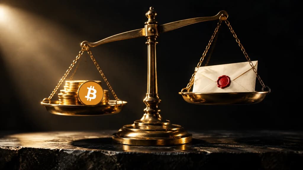 Balkenwaage aus Messing mit Goldmünzen mit dem Bitcoin-Zeichen und einem versiegelten Briefumschlag