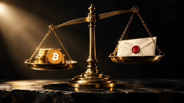 Balkenwaage aus Messing mit Goldmünzen mit dem Bitcoin-Zeichen und einem versiegelten Briefumschlag