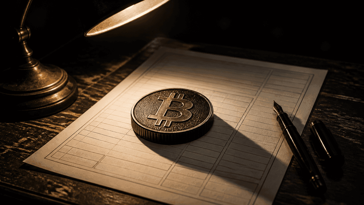 Papierbogen mit leeren Rasterfeldern unter einer Arbeitsleuchte, quer darauf eine schwere Muenze mit eingepraegtem Bitcoin-Zeichen